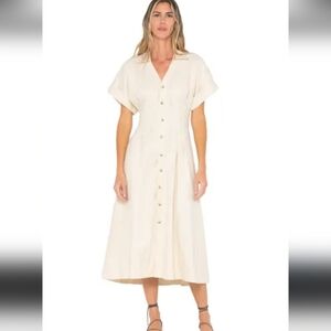 Aakaa Linen Cream Midi Button-Down Dress